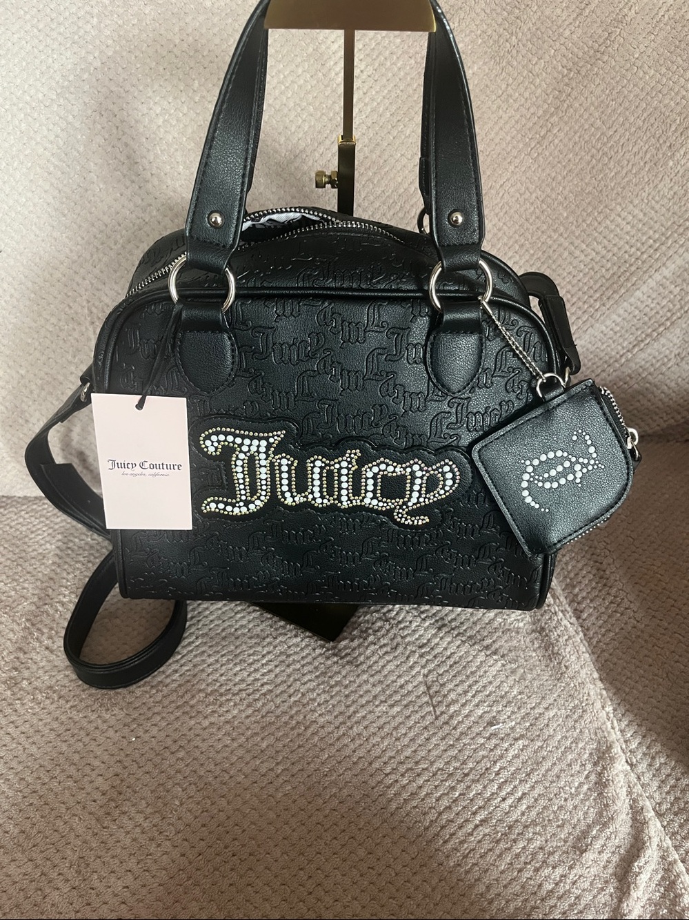 Juicy Couture Black Embossed Logo Satchel with Crystal Script New With Tags